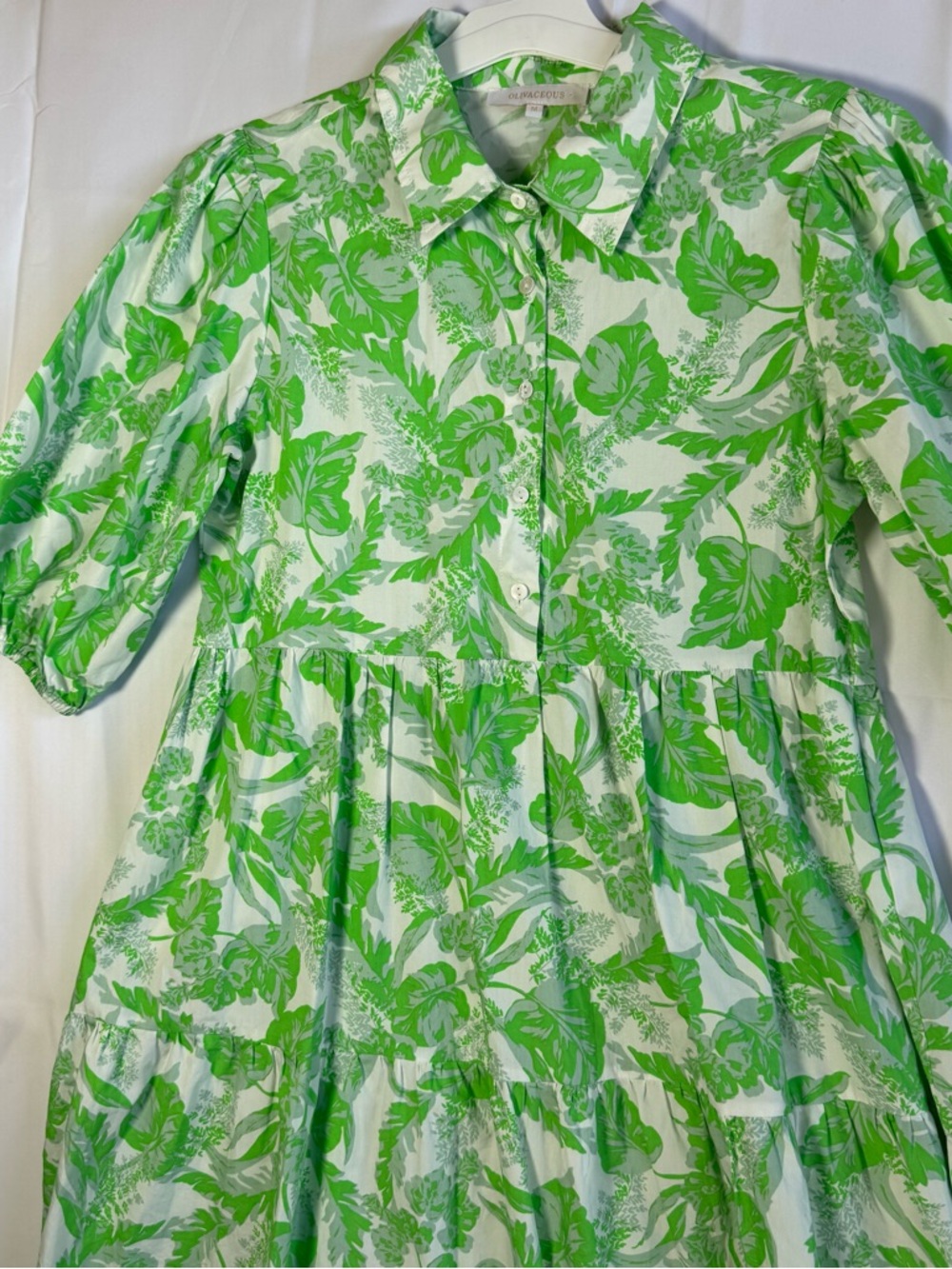 Olivaceous Womens Green Leaf Cotton Tiered Mini Dress Medium - Picture 3 of 14